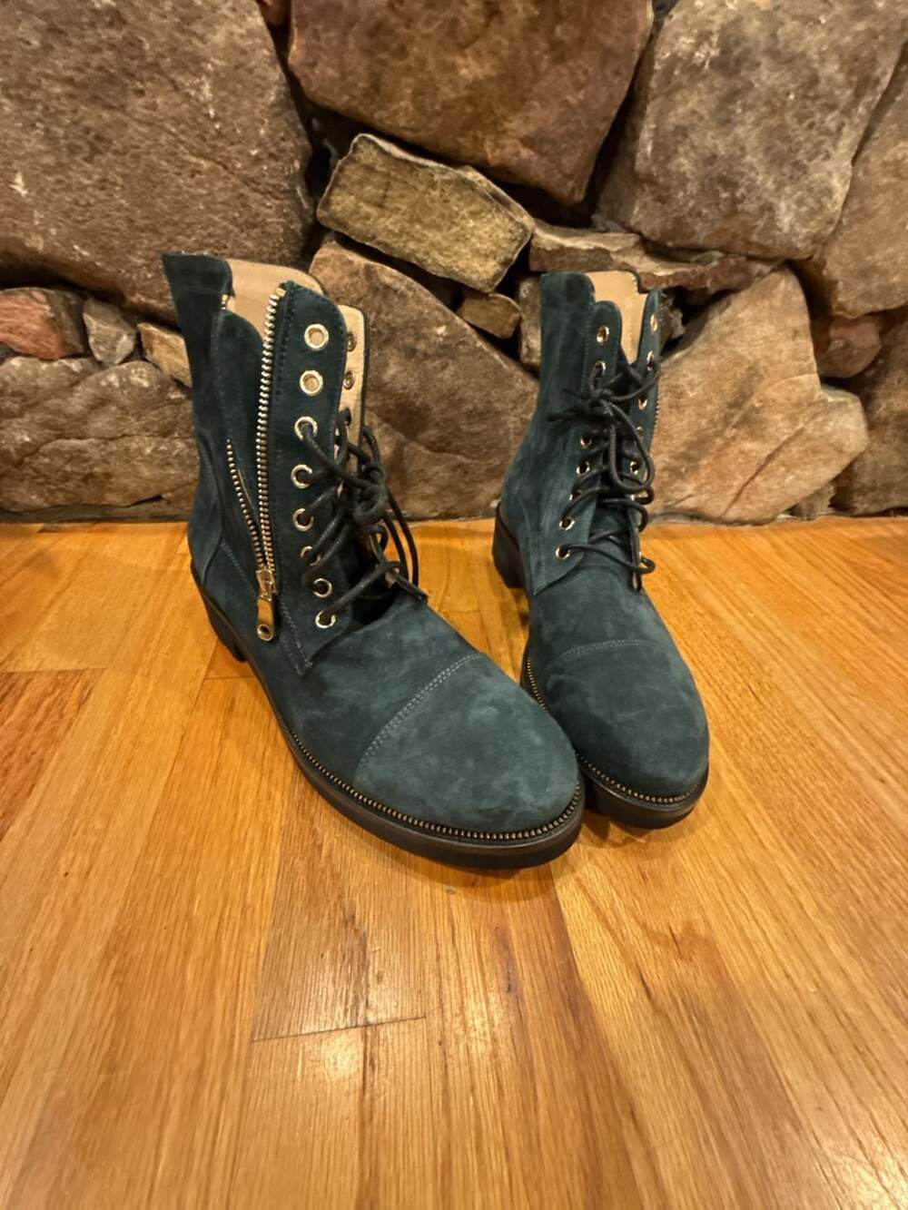 Ron White Weatherproof Suede Combat Boots with Gold Zipper